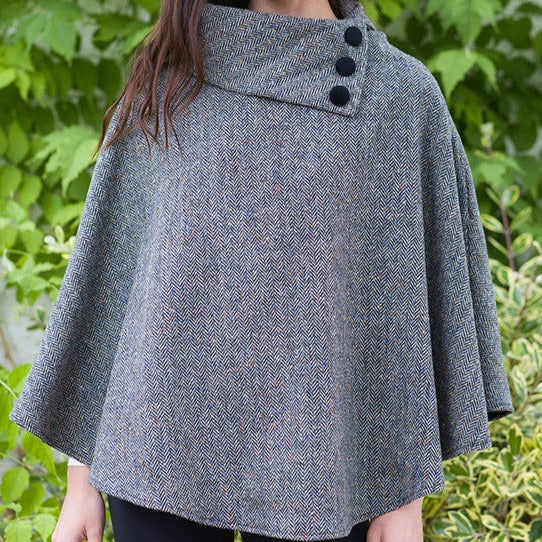 Mucros Tweed Poncho - Grey Herringbone