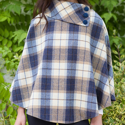 Mucros Tweed Poncho - Cream Navy & Beige