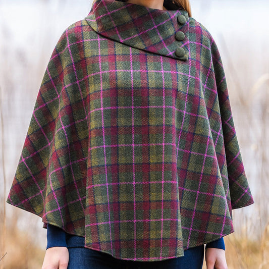 Mucros Tweed Poncho - Green Red Pink