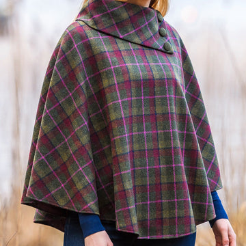 Mucros Tweed Poncho - Green Red Pink