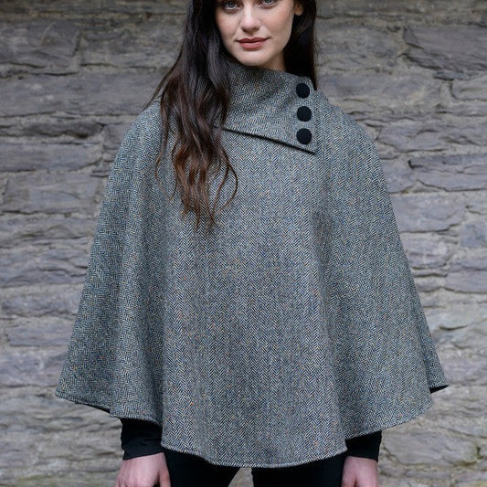 Mucros Tweed Poncho - Grey Herringbone