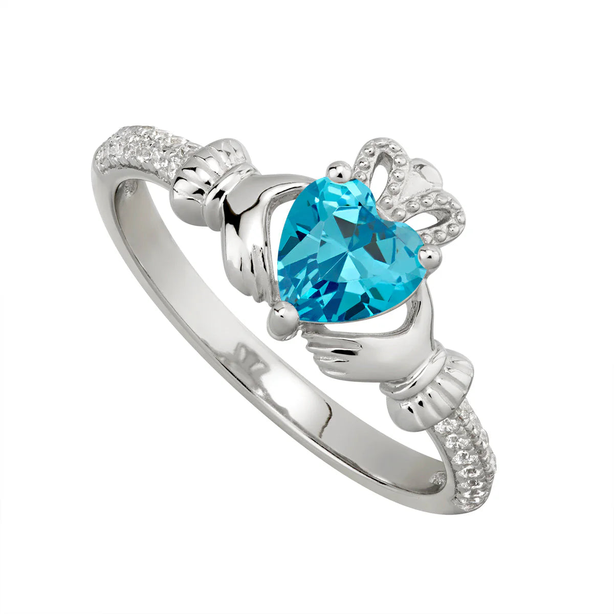 March Birthstone Silver Claddagh Ring