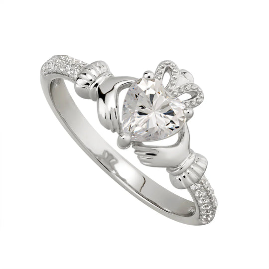 April Birthstone Silver Claddagh Ring