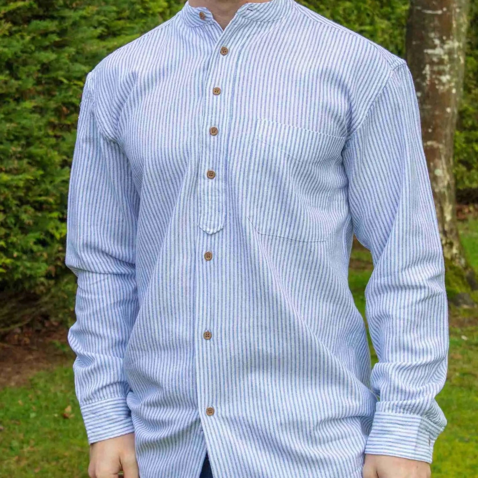 White Irish Grandfather Shirt with Azure Blue Stripes