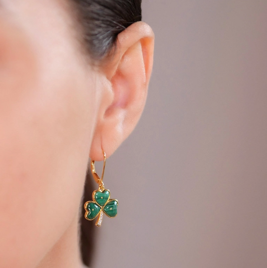 14KT Gold Vermeil Drop Malachite Shamrock Earrings