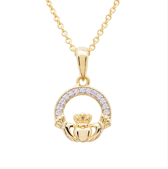 14KT Gold Vermeil Claddagh Necklace Studded with White Cubic Zirconias