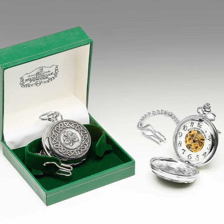 Mullingar Pewter Mechanical Pocket Watch with Shamrock Design