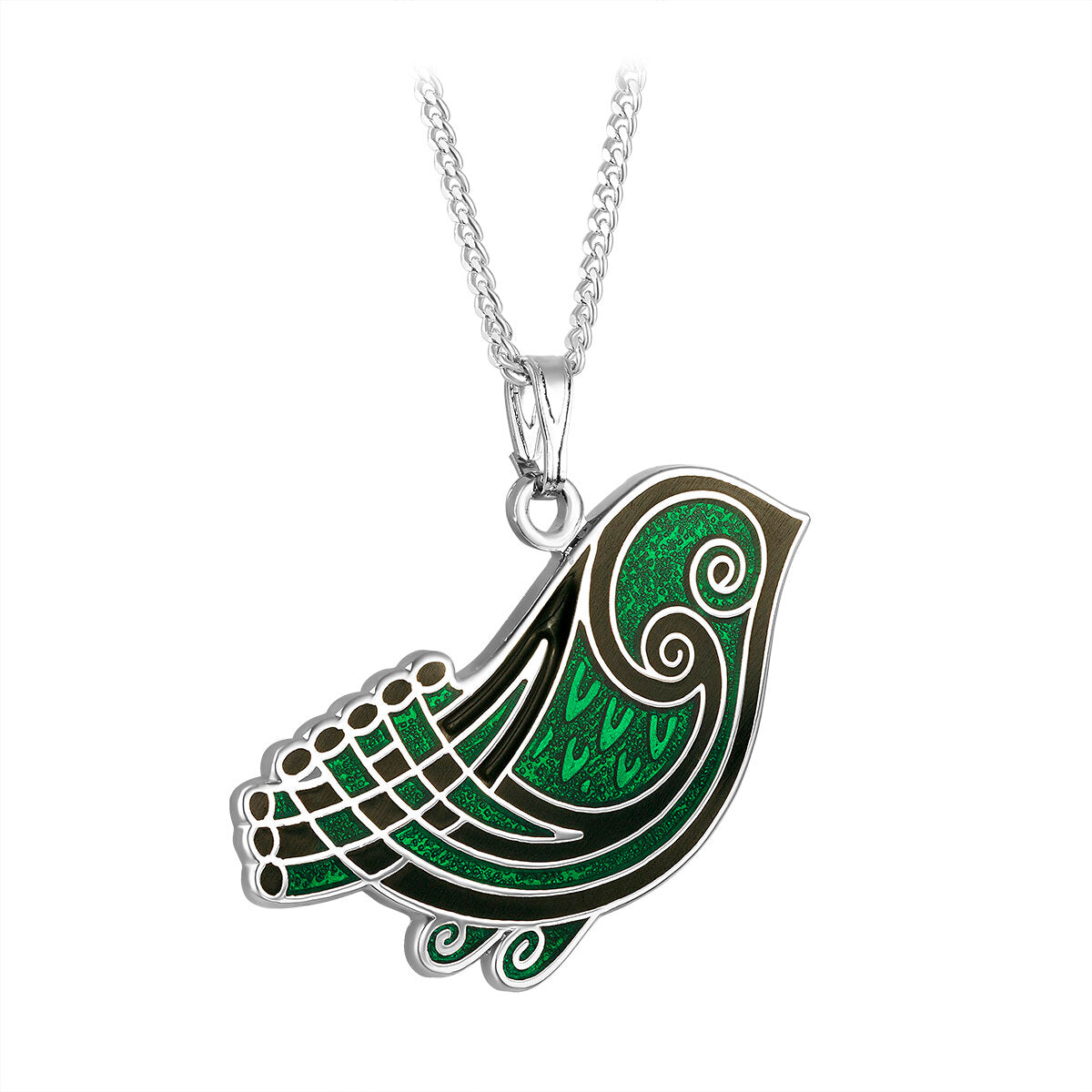 Rhodium Green Enamel Bird Pendant