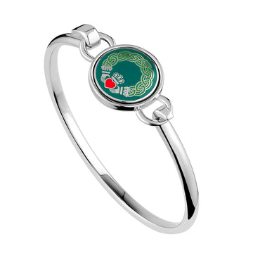 Rhodium Green Enamel Claddagh Bangle