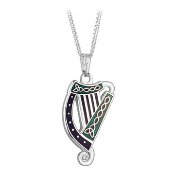 Rhodium Blue Enamel Harp Pendant