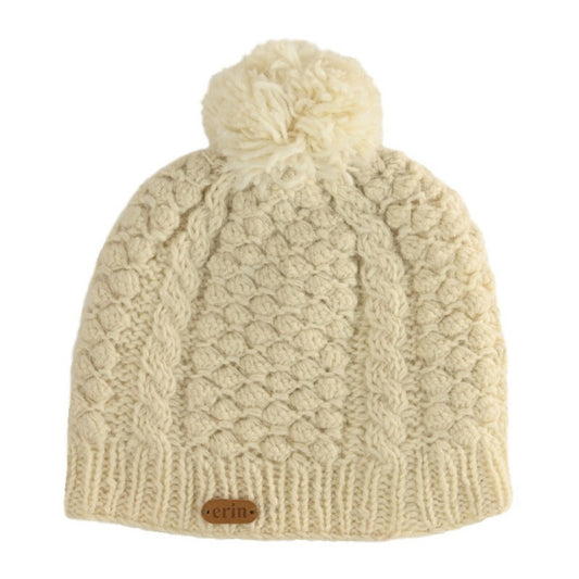 Aran Cable Blackberry Bobble Hat White