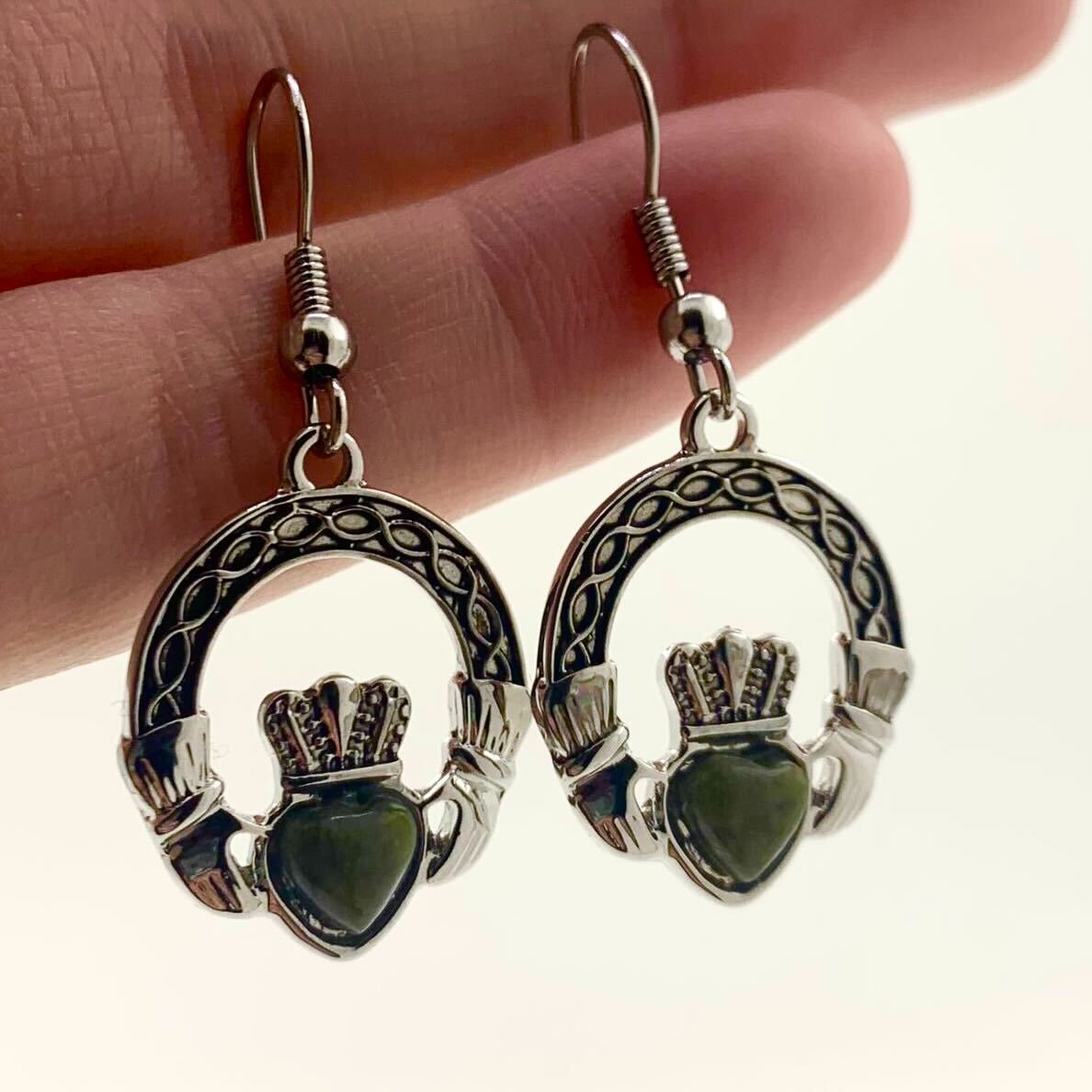 Rhodium Celtic Marble Claddagh Drop Earrings