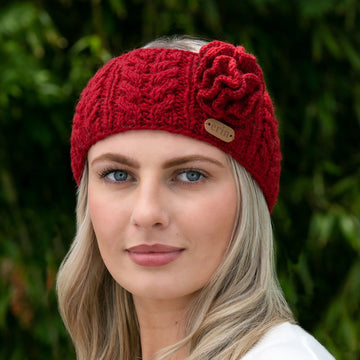 Aran Cable Knitted Wool Headband with Flower Red