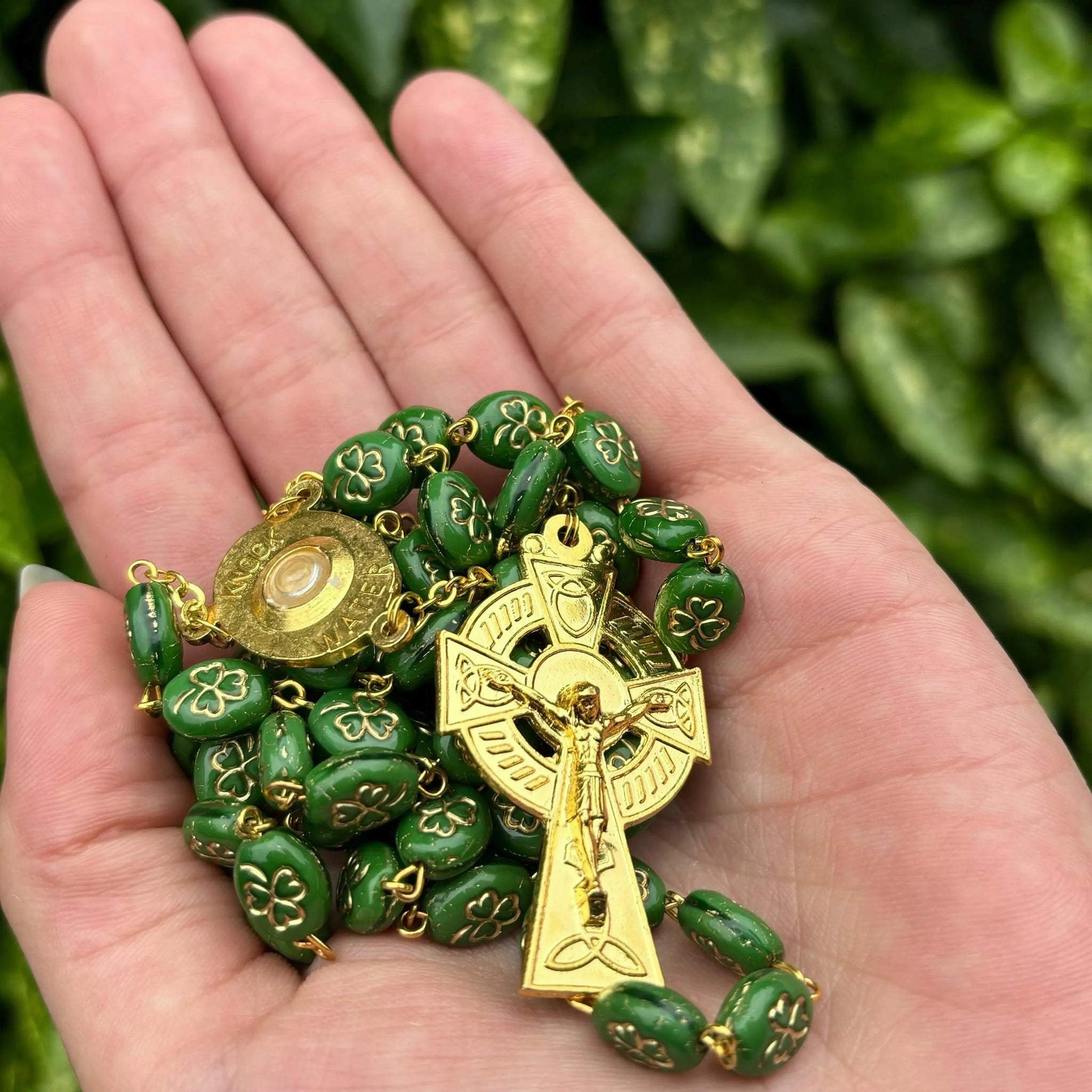 Gilt Shamrock Rosary Beads With Knock Water Center