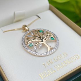 14K Gold Diamond and Emerald Tree of Life Pendant