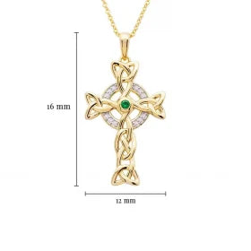 14KT Gold Celtic Cross Necklace with White Crystals