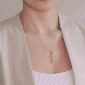 14KT Gold Celtic Cross Necklace with White Crystals