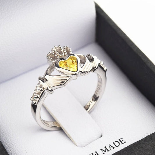 Shanore White Gold Claddagh Birthstone Ring - November