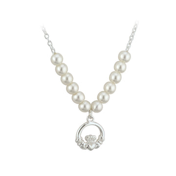 Rhodium Plated Pearl Claddagh Necklet