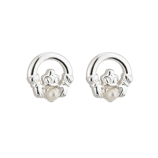 Rhodium Plated Pearl Claddagh Earrings