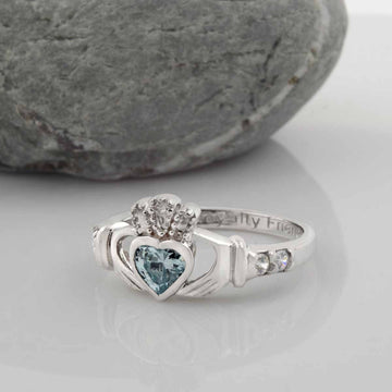 Shanore Silver Claddagh Ring March Birthstone