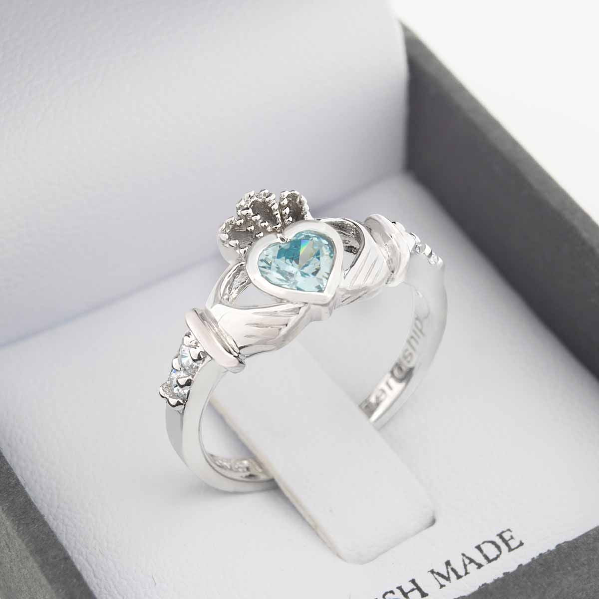 Shanore Silver Claddagh Ring March Birthstone