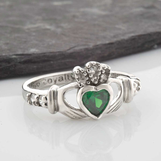 Shanore Silver Claddagh Ring May Birthstone