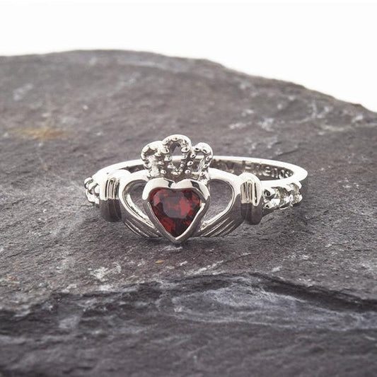 Shanore White Gold Claddagh Birthstone Ring - January