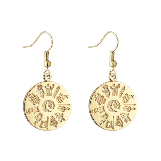 14K GOLD HISTORY OF IRELAND DISC DROP EARRINGS