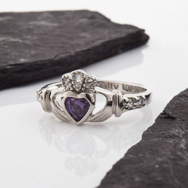 Shanore White Gold Claddagh Birthstone Ring - February