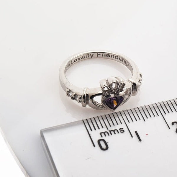 Shanore White Gold Claddagh Birthstone Ring - February