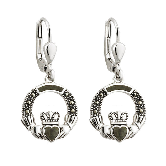 SILVER MARCASITE & MARBLE CLADDAGH DROP EARRINGS