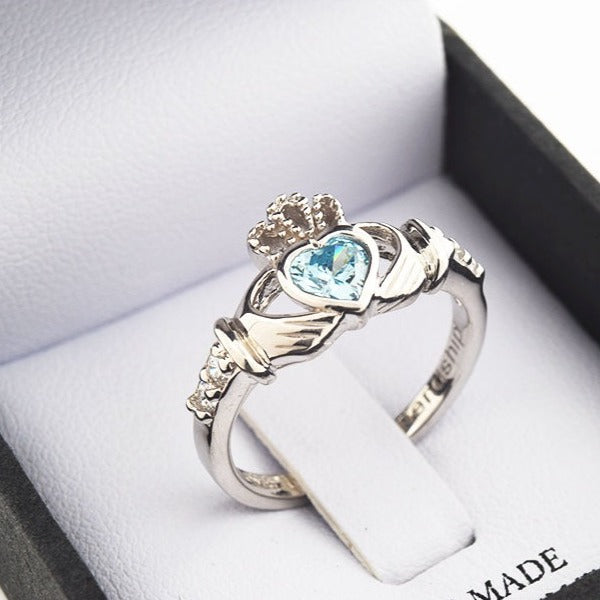 Shanore White Gold Claddagh Birthstone Ring - March