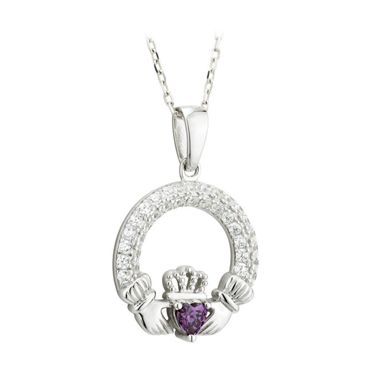 FEBRUARY BIRTHSTONE AMETHYST SILVER CLADDAGH PENDANT