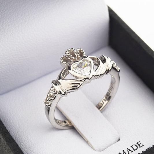 Shanore White Gold Claddagh Birthstone Ring - April