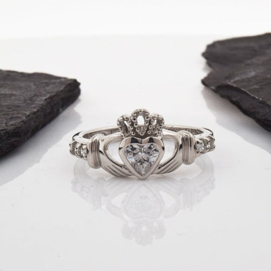 Shanore White Gold Claddagh Birthstone Ring - April