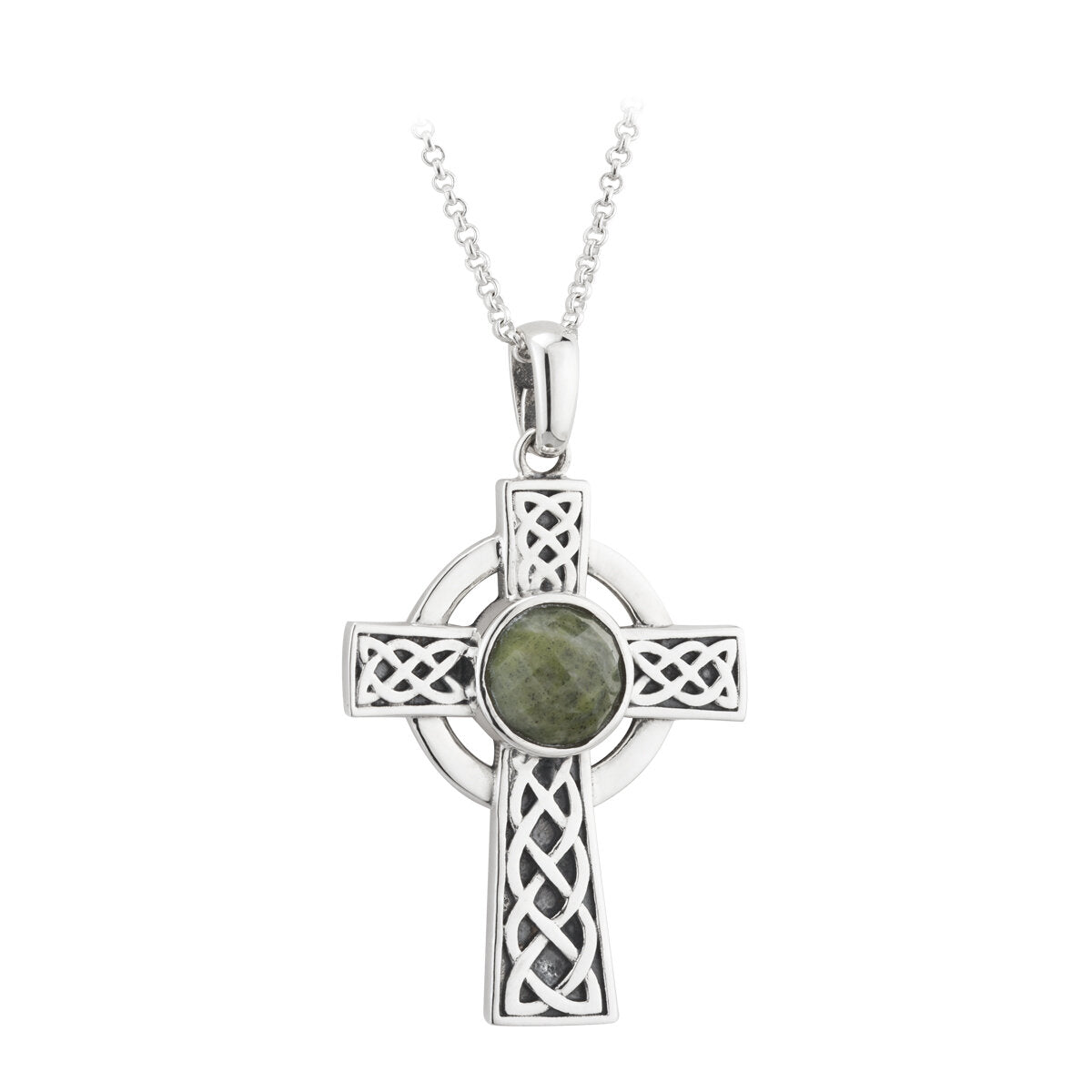 SILVER CONNEMARA MARBLE CELTIC CROSS NECKLACE