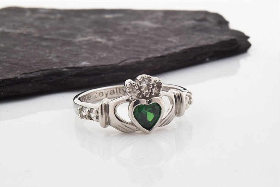 Shanore White Gold Claddagh Birthstone Ring - May