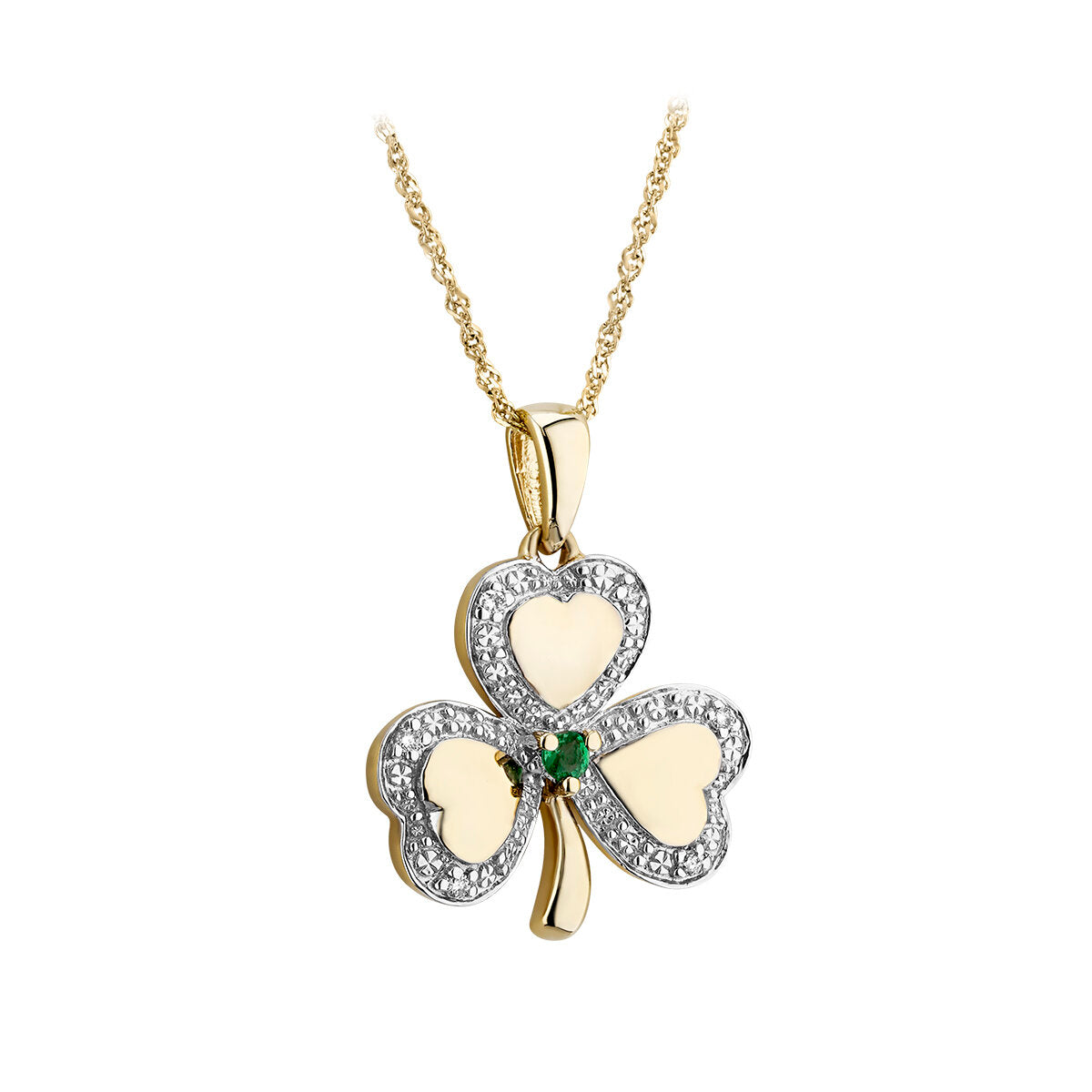 14K GOLD DIAMOND & EMERALD IRISH SHAMROCK PENDANT