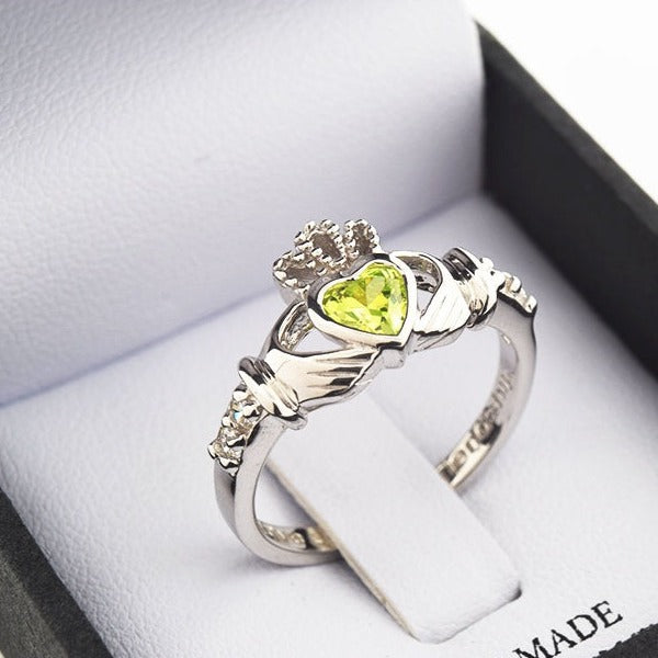 Shanore White Gold Claddagh Birthstone Ring - August