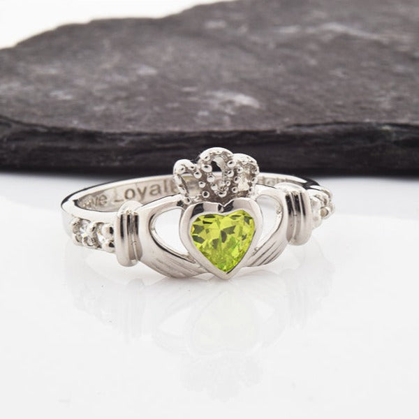 Shanore White Gold Claddagh Birthstone Ring - August