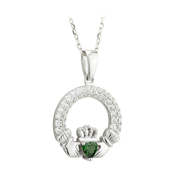 MAY BIRTHSTONE EMERALD SILVER CLADDAGH PENDANT