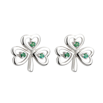 14k White Gold Emerald Shamrock Earrings