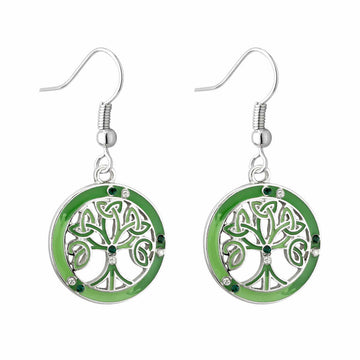 Rhodium Enamel Tree of Life Drop Earrings with Crystals