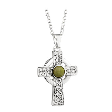 Rhodium Plated Connemara Marble Celtic Trinity Cross Pendant