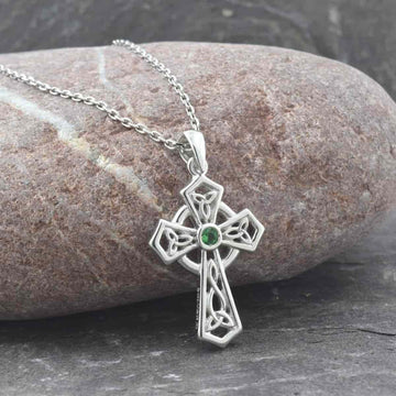 Sterling Silver Green Crystal Trinity Knot Celtic Cross