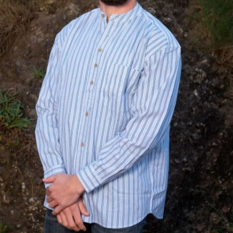 White, Blue and Light Blue Striped Irish Grandfather Shirt