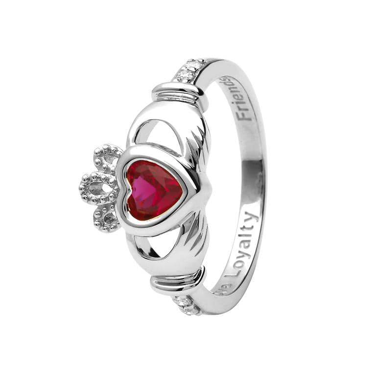 Shanore White Gold Claddagh Birthstone Ring - July