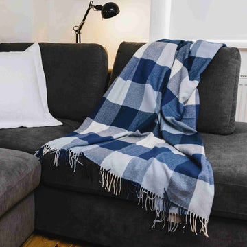 Blue Block Checkered Lambswool Throw