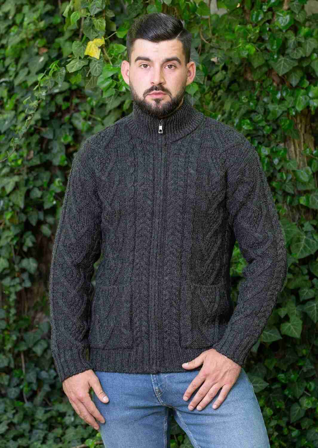 Men's Charcoal Aran Zipper Cardigan